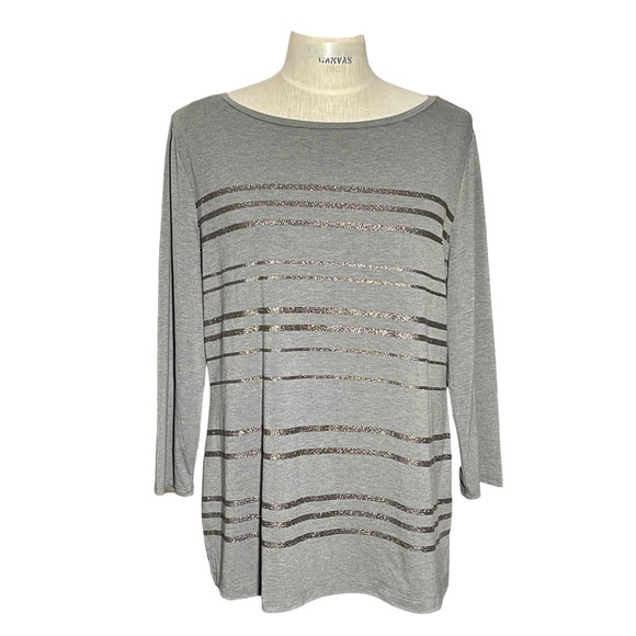 Liz Claiborne Tops - Liz Claiborne Boat Neck 3/4 Sleeve Pullover Gray Striped Knit Shirt Tee SzL NWT